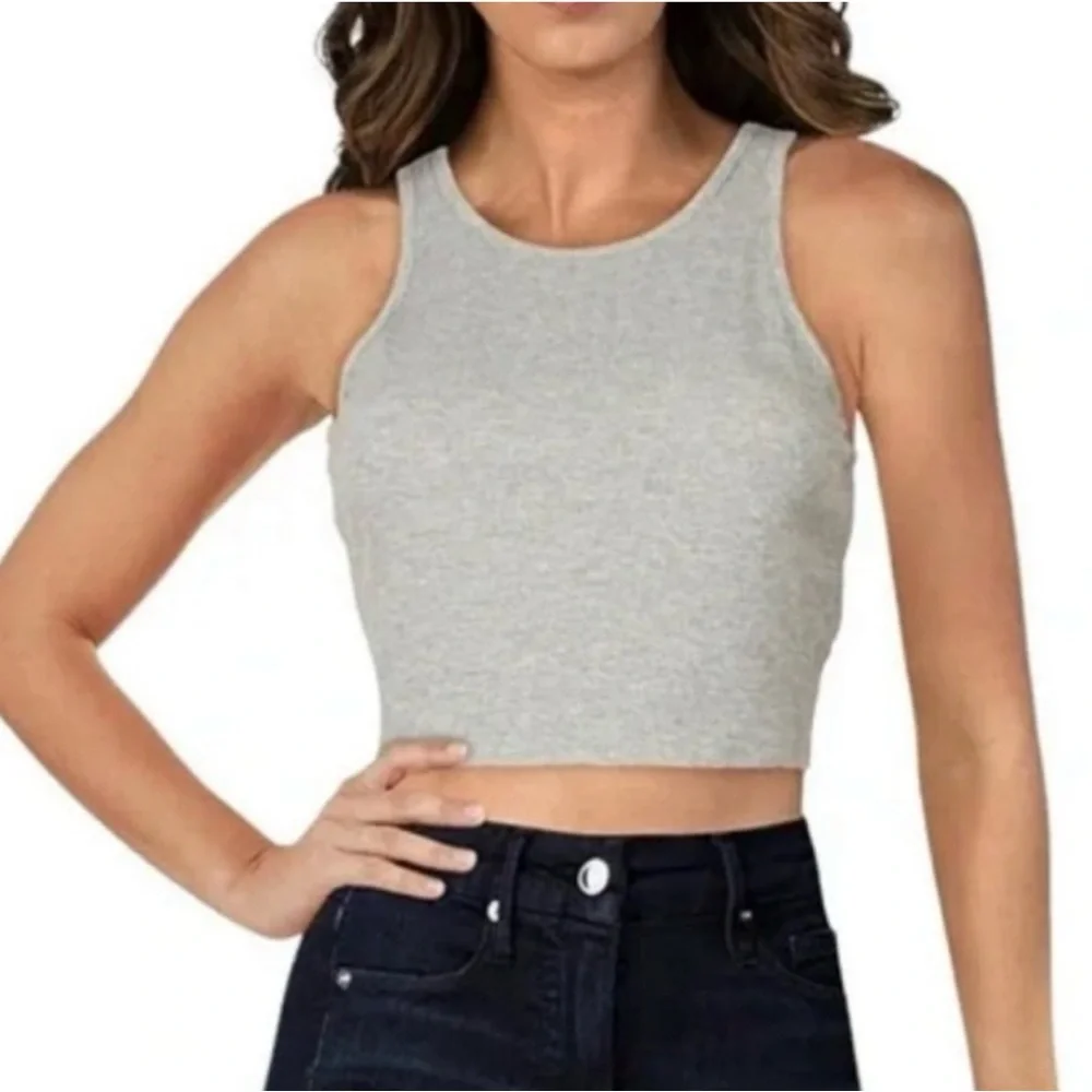 Free People High Neck Ribbed Crop Top Tank Top Heather Gray NWT XL - Picture 1 of 10